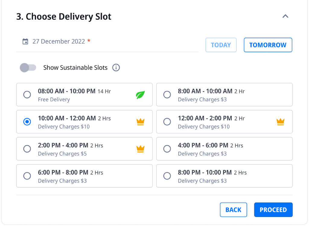 Screenshot of delivery time slot options