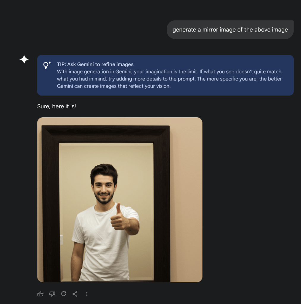 Two AI-generated images: the first shows a person performing an action with their right hand, and the second is an attempt at a mirrored version. The mirrored image fails to maintain accuracy, reinforcing AI bias in representation.