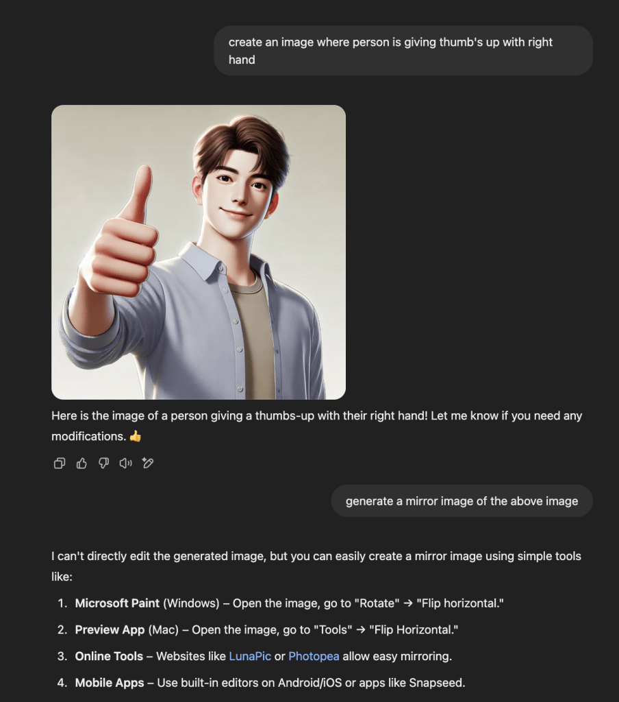 Two AI-generated images: the first shows a person performing an action with their right hand, and the second is an attempt at a mirrored version. The mirrored image fails to maintain accuracy, reinforcing AI bias in representation.