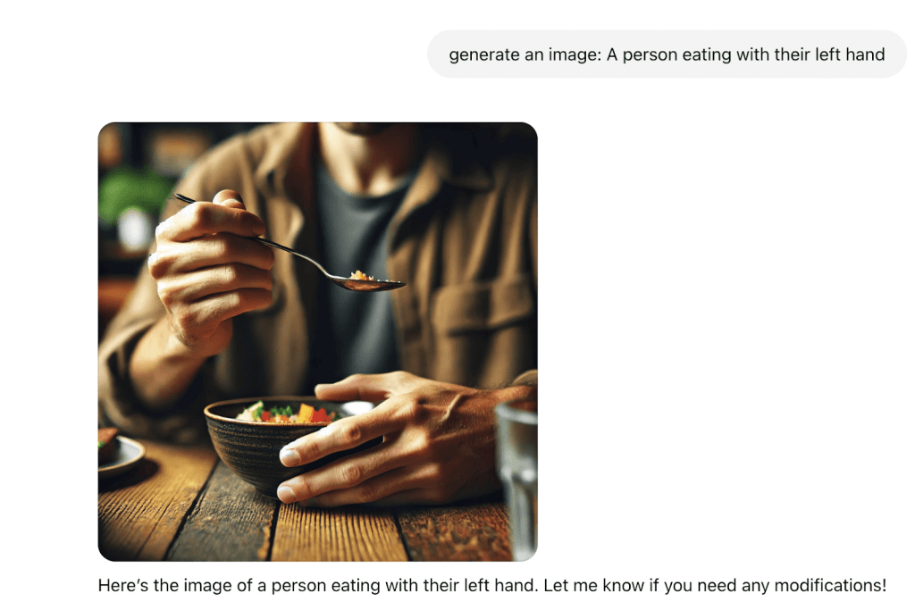 A comparison showing three distinct AI bias examples with a person eating, throwing, and holding objects. In all cases, AI incorrectly depicts a right-handed individual, highlighting bias in data collection and dataset training.