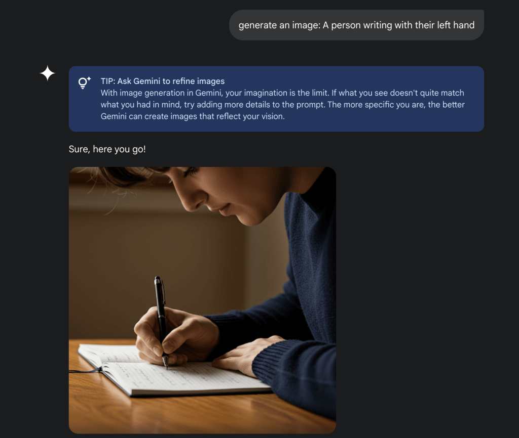 An AI-generated image where the person is supposed to be left-handed but appears right-handed, illustrating the bias in AI training data.