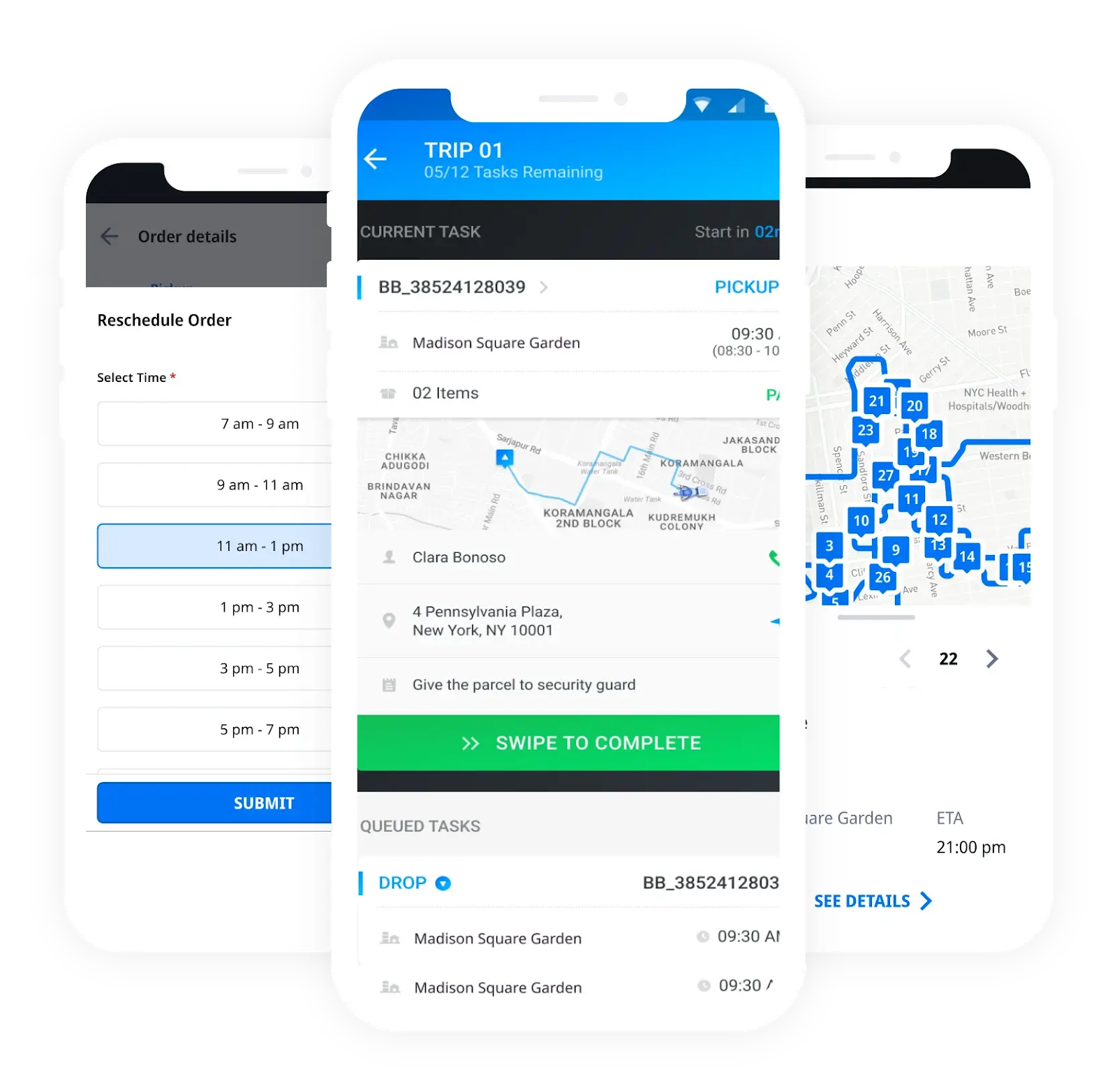 Mobile driver companion app screens showing trip details, navigation interface, and delivery completion features for truck routing software.