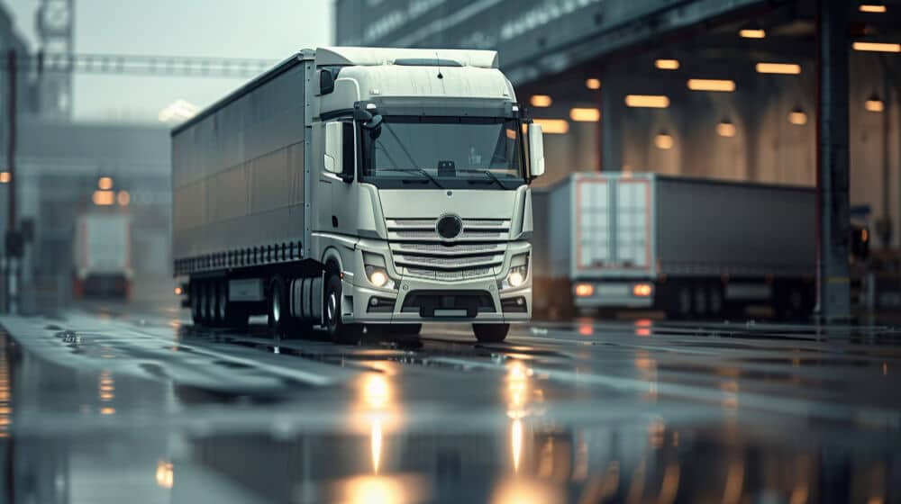 Heavy goods vehicle exiting a logistics warehouse on a wet road at dusk