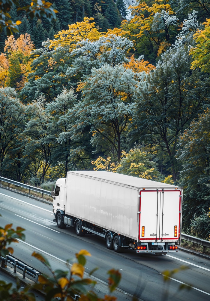 White delivery truck driving on a highway surrounded by trees.
