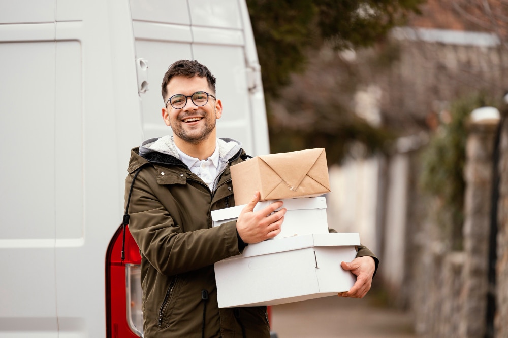 Smiling delivery driver holding packages in front of a white van.