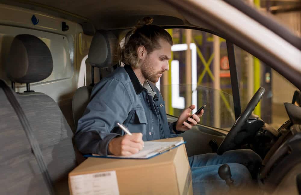 Delivery driver in a van checking his phone and writing on a clipboard.