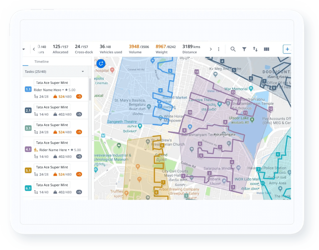 Digital dashboard displaying a map with color-coded delivery zones, vehicle assignments, and route details for last-mile logistics planning.
