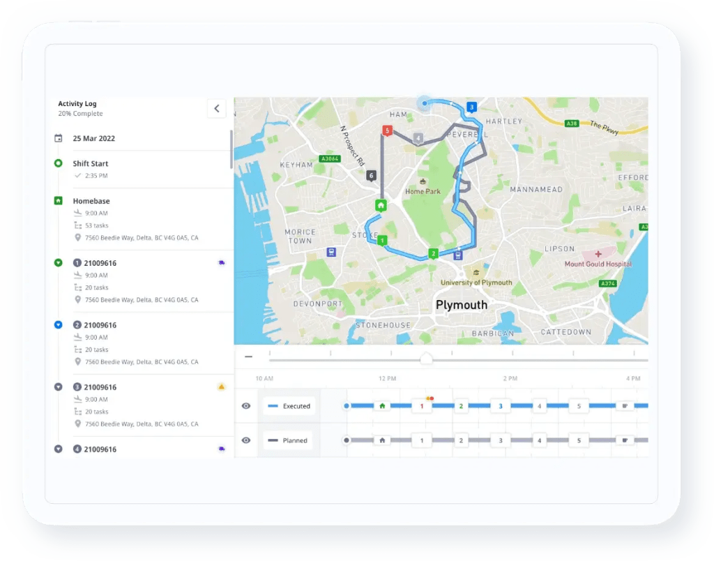 Locus dashboard showing real-time delivery routes and timeline for multiple stops in Plymouth.
