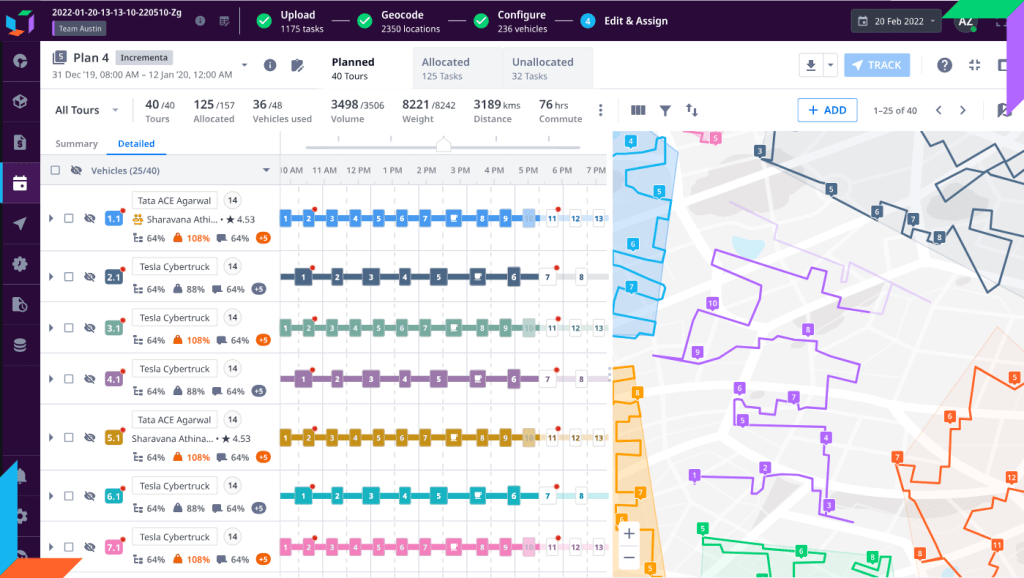 Locus route planning interface displaying multiple vehicle schedules, task timelines, and mapped delivery routes by color.