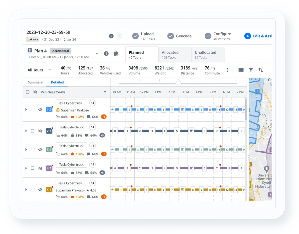 Central dispatch interface displaying vehicle status and delivery allocation.