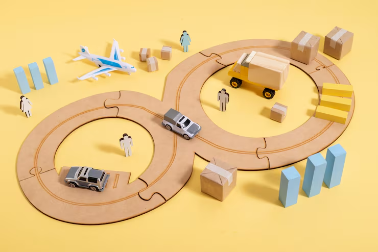 A top-down view of a yellow surface featuring wooden puzzle tracks in a figure-eight pattern with toy vehicles
