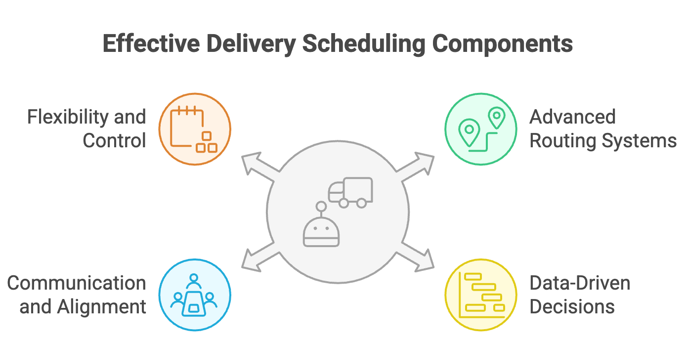 Delivery scheduling software dashboard showing route planning, delivery time slots, fleet capacity allocation, and real-time operational coordination across logistics teams.