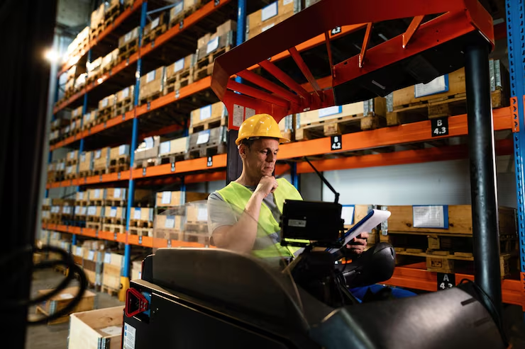 A worker in a logistics warehouse